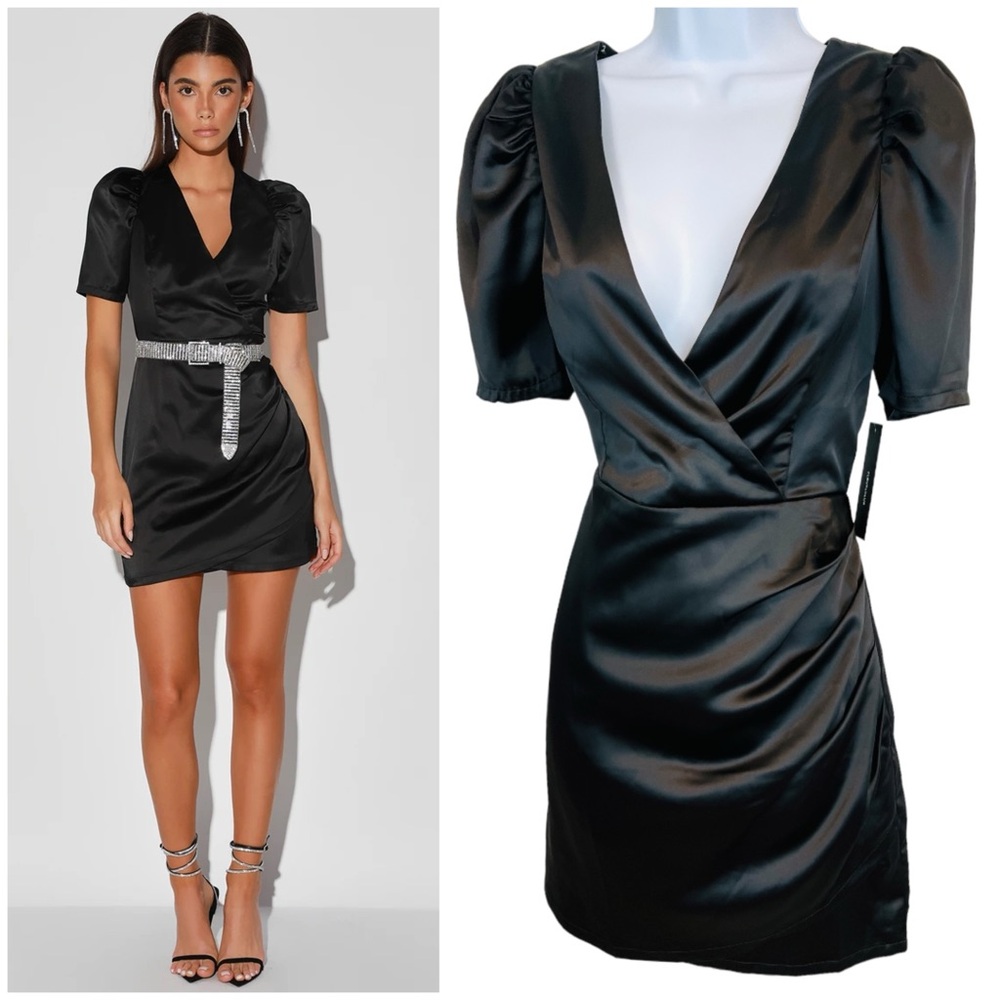 LULU’S Ecstatic Evening Black Satin Puff Sleeve Ruched Mini Dress NWT